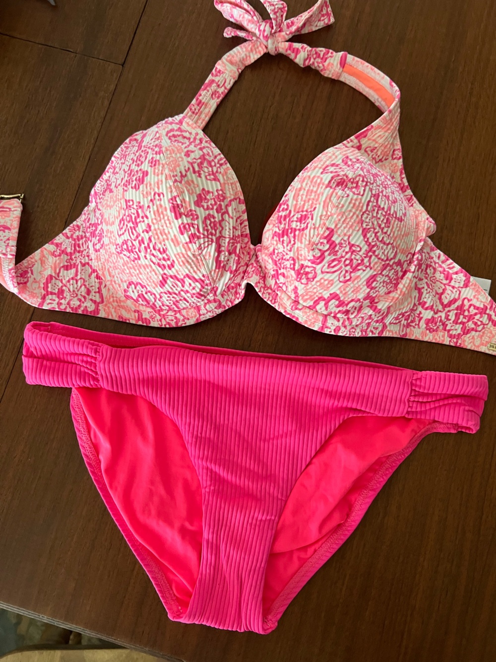 Women's Pink Floral Halter Bikini Set - Mixed Pink Two-Piece